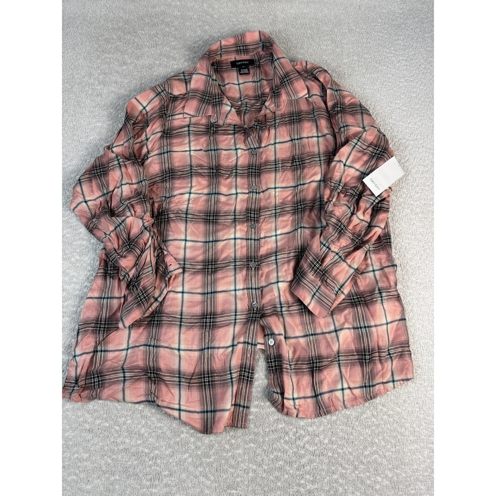 Karen Kane Shirt Womens 3X Pink Plaid Button Front Rayon Long Sleeve‎ Tunic Top